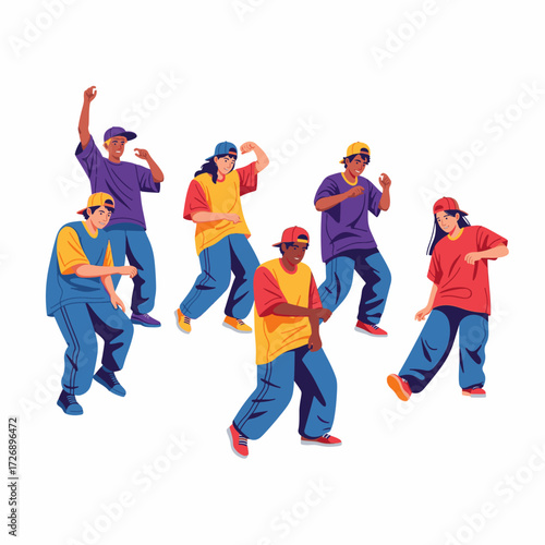 2D flat vector illustration of teenage characters performing coordinated hip hop street dance routine in open square, expressive poses with baggy pants and caps