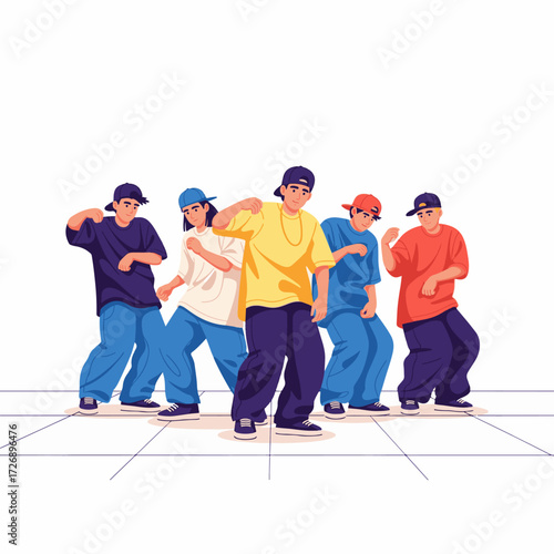 2D flat vector illustration of teenage characters performing coordinated hip hop street dance routine in open square, expressive poses with baggy pants and caps