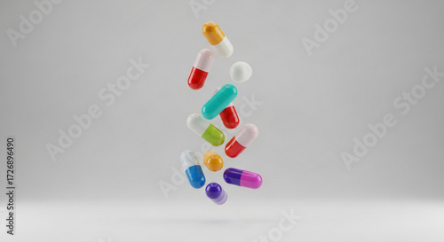 Colorful capsules and pills falling gracefully against a clean backdrop for modern medicine and wellness campaigns, promoting health and vitality