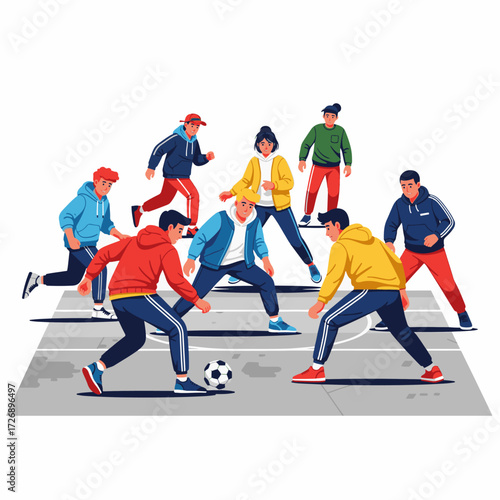 2D flat vector illustration of teenage characters playing intense street soccer on concrete court, one dribbling, another defending, casual sporty streetwear