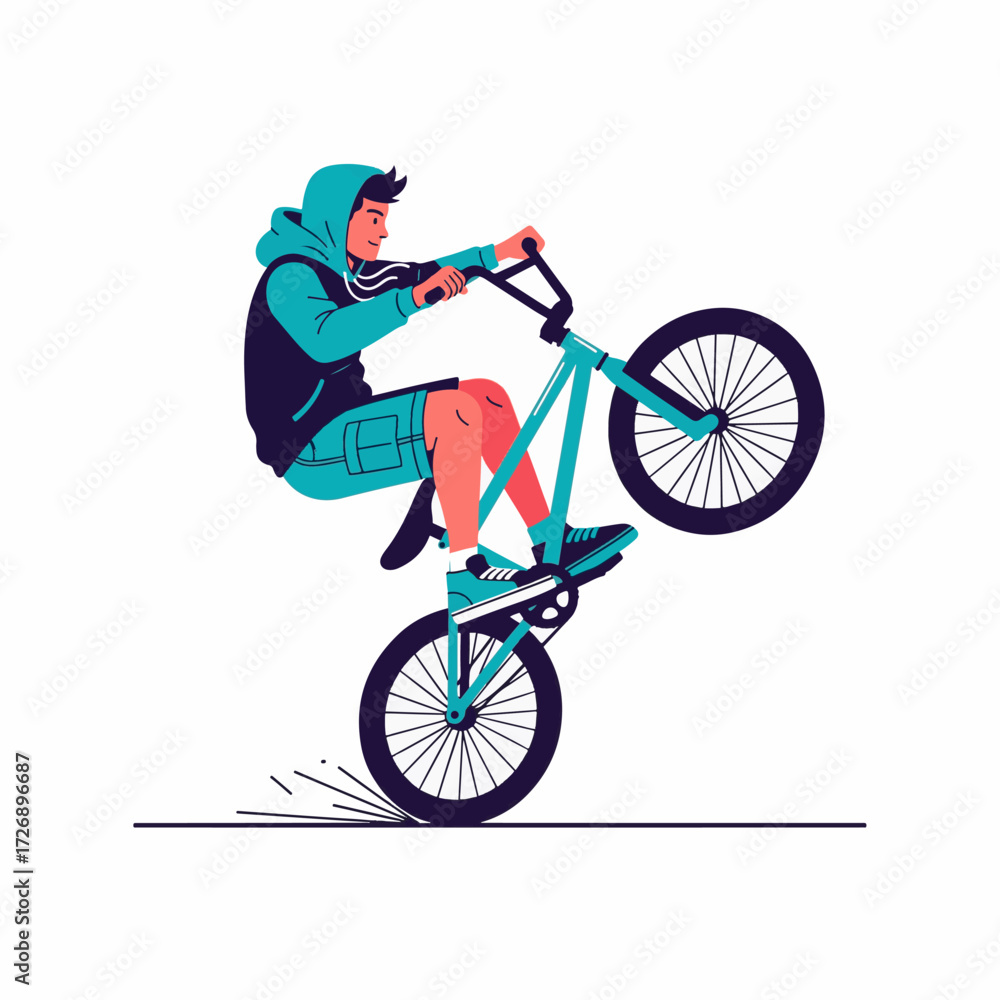 Fototapeta premium 2D flat vector illustration of teenage character riding BMX bike performing wheelie on empty street, wearing hoodie and cargo shorts