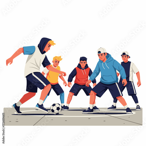 2D flat vector illustration of teenage characters playing intense street soccer on concrete court, one dribbling, another defending, casual sporty streetwear