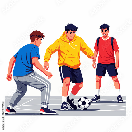 2D flat vector illustration of teenage characters playing intense street soccer on concrete court, one dribbling, another defending, casual sporty streetwear
