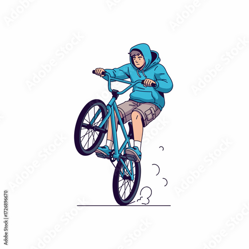 2D flat vector illustration of teenage character riding BMX bike performing wheelie on empty street, wearing hoodie and cargo shorts