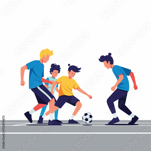 2D flat vector illustration of teenage characters playing intense street soccer on concrete court, one dribbling, another defending, casual sporty streetwear