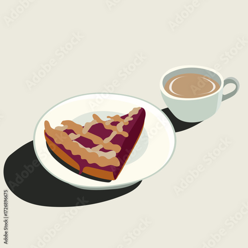 Berry Pie with Hot Coffee or Latte. This simple, overhead graphic captures a moment of sweet indulgence, perfect for concepts related to cafes, bakeries, comfort food, and an afternoon snack.