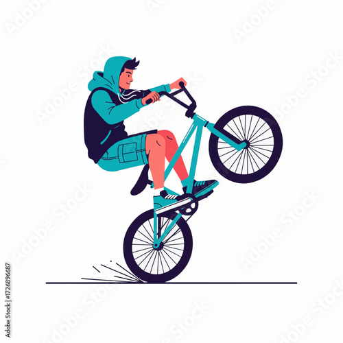 2D flat vector illustration of teenage character riding BMX bike performing wheelie on empty street, wearing hoodie and cargo shorts
