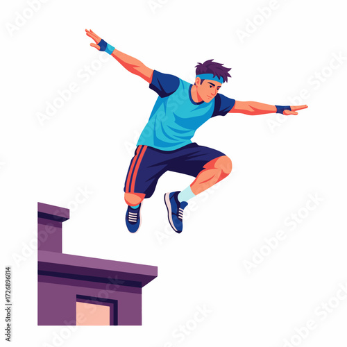 2D flat vector illustration of teenage character leaping across rooftops in urban street parkour style, arms stretched mid-air