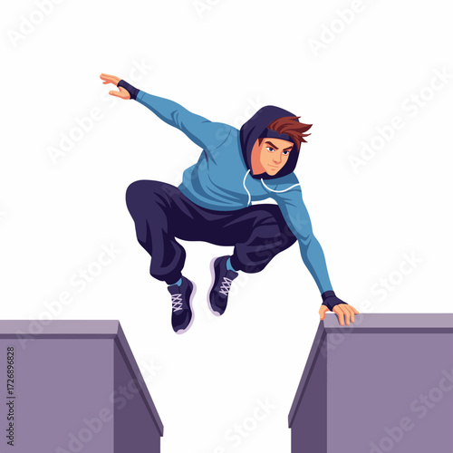 2D flat vector illustration of teenage character leaping across rooftops in urban street parkour style, arms stretched mid-air