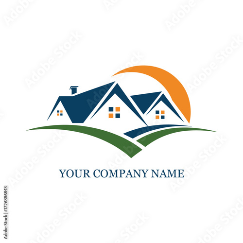 Real Estate Logo Design with Houses, Sun and Landscape – Property and Construction Symbol