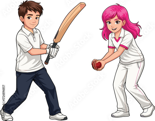 Cartoon cricket boy batting, girl bowling red ball, children playing cricket match, sports illustration, fun kids outdoor activity, animated cricket scene