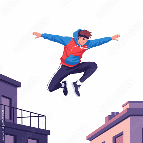 2D flat vector illustration of teenage character leaping across rooftops in urban street parkour style, arms stretched mid-air