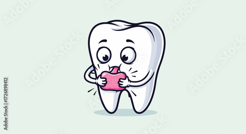 Muscular tooth mascot jumping across cracked ground, symbolizing strong dental health protection against decay. Cartoon character illustrating robust dental health and prevention,