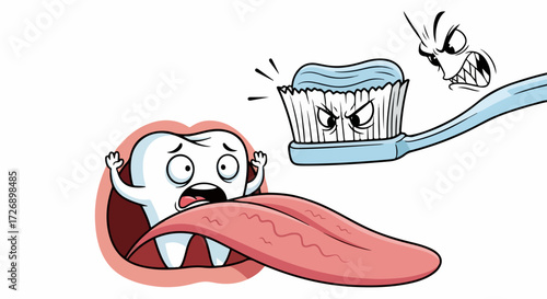 Scared tooth character faces dental hygiene, with a toothbrush ready to attack plaque. Scared tooth has a strong fear, with exaggerated tongue and mouth.
