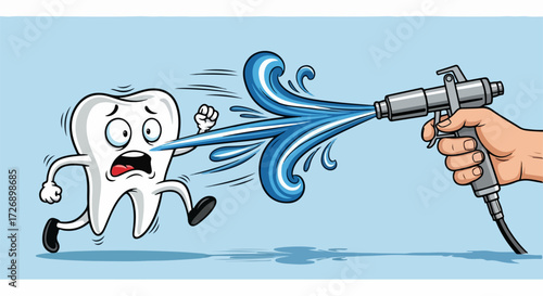 Scared tooth running from water spray gun, dental hygiene concept vector illustration. Tooth care and cleaning, cartoon character fear, professional dental treatment, oral health symbol.