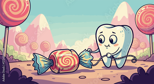 Cartoon tooth character measuring candy in sweet landscape, vector illustration. Healthy eating concept for dental care and nutrition education. Fun vector art for childrens health awareness.