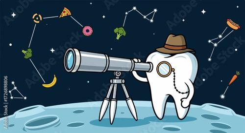 Tooth character looks through telescope at food constellations, promoting dental health. Cartoon tooth on moon observes good and bad food choices, emphasizing dental health.
