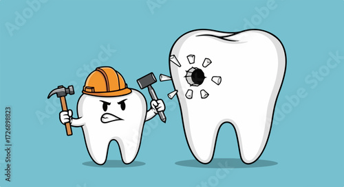 Tooth decay prevention featuring cute cartoon tooth attacking damaged tooth with hammers. Cartoon tooth tries tooth decay prevention to fix dental problem.