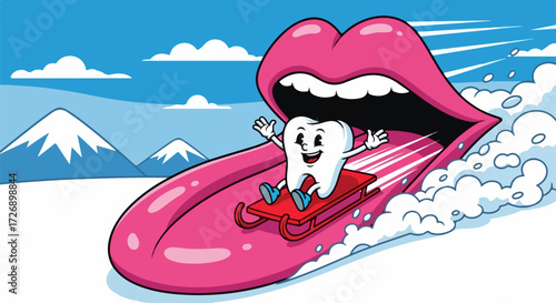 Winter tooth ride illustration showcasing big open lips with long tongue as wintery landscape. Winter tooth ride on a sled adds a touch of whimsy and fun to dental health visuals.