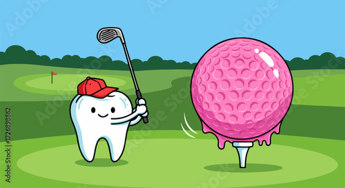 Tooth playing golf cartoon with club and pink golf ball on tee in green field. Tooth playing golf character for dental concept represents healthy teeth in sport activity.