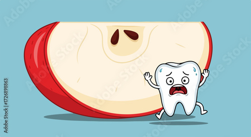 Cartoon tooth character running from red apple slice, illustrating sensitive teeth. Sweating tooth mascot shows pain, symbolizing issue of sensitive teeth with cold or sweet foods.