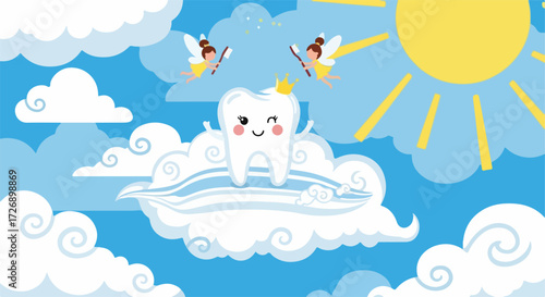 Cute tooth fairy illustration in blue sky with clouds, bright sun, and healthy tooth wearing crown. Tooth fairy floats on fluffy clouds, promoting dental care and good health for happy tooth.