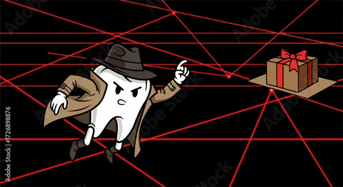 Vector illustration of a tooth detective in a trench coat and fedora navigating a laser grid towards a gift box, representing dental health and rewards.