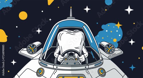 Tooth in space, tooth piloting a spaceship amidst scattered stars and celestial forms, is an eye-catching display. Tooth hygiene is important for astronauts with spaceships,