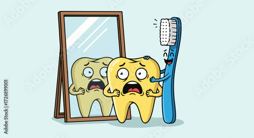 Funny cartoon tooth illustration highlights need for effective dental hygiene, showing scared yellow tooth looking at reflection in mirror.