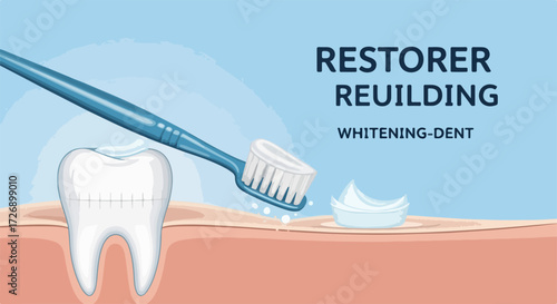 Tooth illustration with toothbrush and toothpaste, tooth illustration demonstrates dental care.