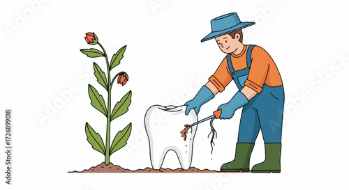Illustration shows dental care with man planting molar in soil, healthy tooth next to plant. Dental care and healthy tooth cultivation requires gardening skills, soil and green sprout.