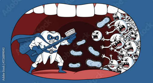 Tooth care illustration features a hero tooth battling germs in an open mouth. Tooth care cartoon hero is strong and ready to fight bacteria using special toothbrush.