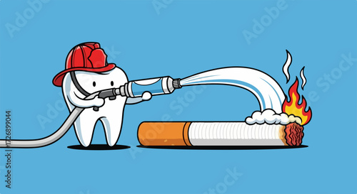 Dental care illustration showcasing a tooth fighting smoking habit, using a hose. This dental care character is actively putting out cigarette fire,