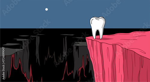 Tooth on cliff edge symbolizes dental health risk. Tooth on cliff represents danger, isolated tooth standing precariously against dark sky and abyss. Risk and vulnerability,