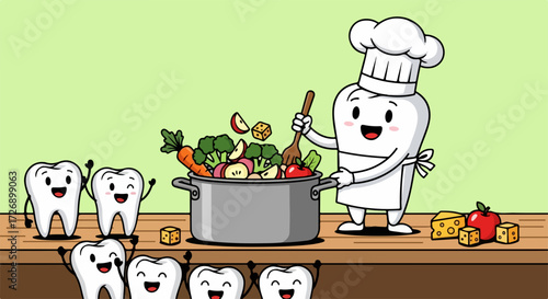 Smiling cartoon tooth chef cooks healthy tooth food with fresh vegetables, apple, cheese in pot. Happy teeth cheer delicious healthy tooth food preparation, promoting strong oral hygiene.