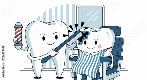 Cartoon dental illustration showing dental care procedure on white background. Dental illustration with a tooth getting treatment and another tooth as barber, both in blue barber salon.
