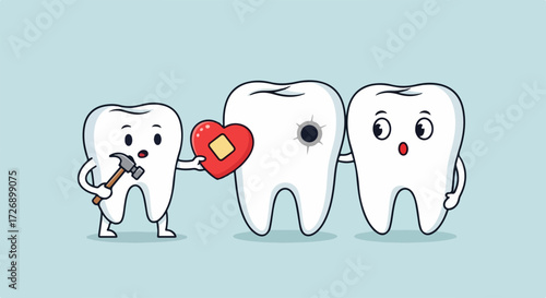 Cartoon tooth care characters depict decay issue, small tooth with hammer beside tooth with cavity. Tooth care concept shows healing heart bandage offered to ailing tooth, companion concerned.