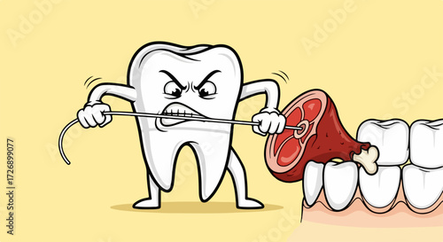Cartoon tooth uses dental floss to pull piece of meat. Cartoon tooth flosses strenuously to extract meat stuck between teeth. Promoting oral hygiene,
