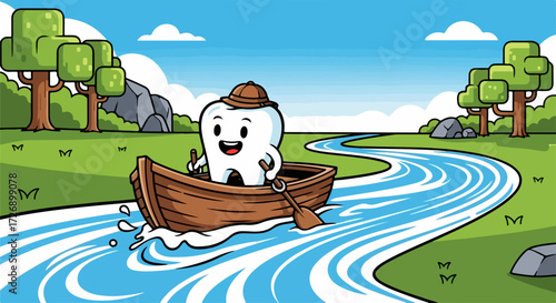 Cartoon tooth in boat, paddling through winding river surrounded by picturesque landscape. Charming cartoon tooth embarks on river adventure, promoting dental care awareness in child friendly manner.