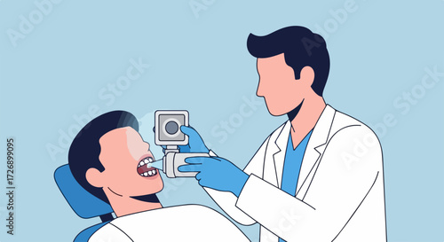 Dental examination with dentist doing checkup using modern technology, showcasing oral health. Dental examination includes modern intraoral scanner on patient lying in chair,