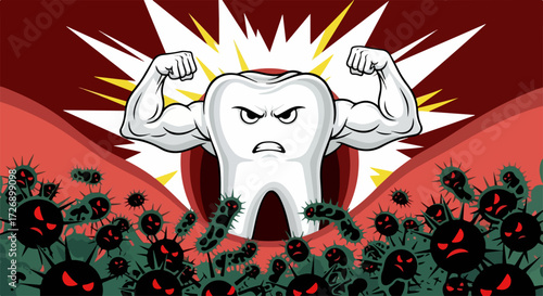 Strong tooth with muscular arms fights harmful bacteria, showing dental health. Strong tooth combats germs in cartoon style, representing dental hygiene with strength.