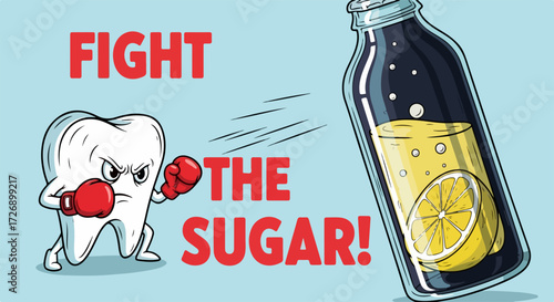 Fight the sugar with this dental health visual featuring a cartoon tooth character wearing boxing gloves against sugary drink. Fight the sugar to promote a healthy lifestyle, contrasting sugary drink.