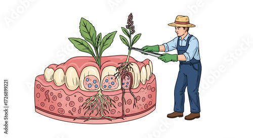 Dental health allegory portrays plants growing out of teeth, symbolizing dental health. Concept dental health awareness demonstrates dental wellness and proper dental care.