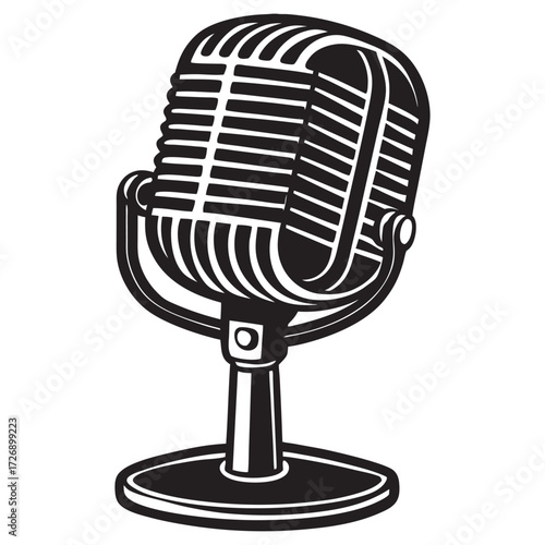 Retro broadcast microphone on a vintage metal stand perfect for music or radio advertising banners