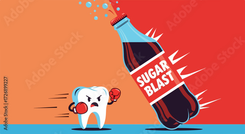 Sugar blast illustration showing tooth character wearing boxing gloves, facing sugary soda bottle. Sugar blast concept: Tooth is ready to fight against sugary drinks,