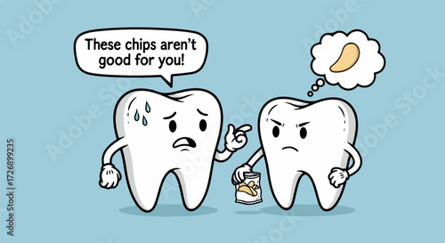 Cartoon tooth, one is warning about unhealthy snack. Cartoon tooth character with arms and face is telling another about dangers of eating processed food.