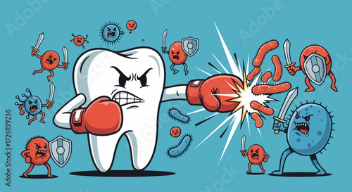 Dental health, a cartoon tooth battles against bacteria with boxing gloves and swords. Fighting infection, this dental health illustration showcases good oral hygiene and protection.