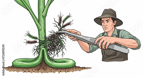 Man performing plant root care, carefully pruning and managing complex root system of young plant. Expert plant root care involves specialized tools for optimal growth and health.