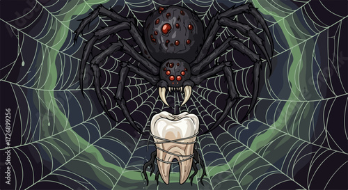 Spooky spider tooth artwork, showing dark arachnid on glowing green web. Large black spider tooth, wrapped in string, held by fangs against dark background. Concept spider tooth design for Halloween,