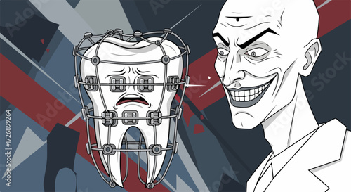 Cartoon portrays sinister dentist with sad tooth having dental braces. Creepy character observes tooth in metal frame for dental braces application.